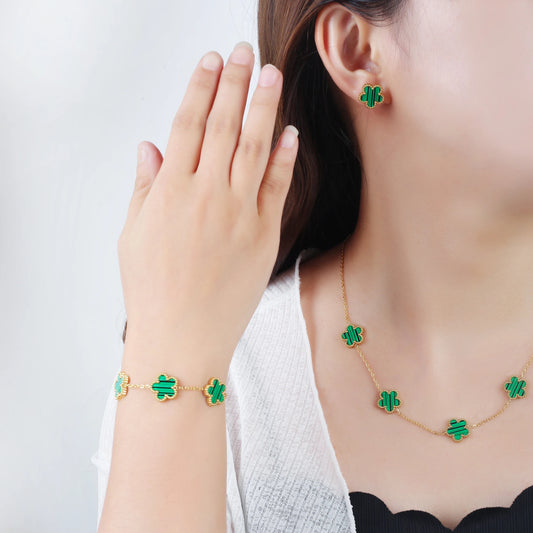 3Pcs 18k Gold-Plated Five-Leaf Flower Necklace Earrings Bracelet Jewelry Set For Woman